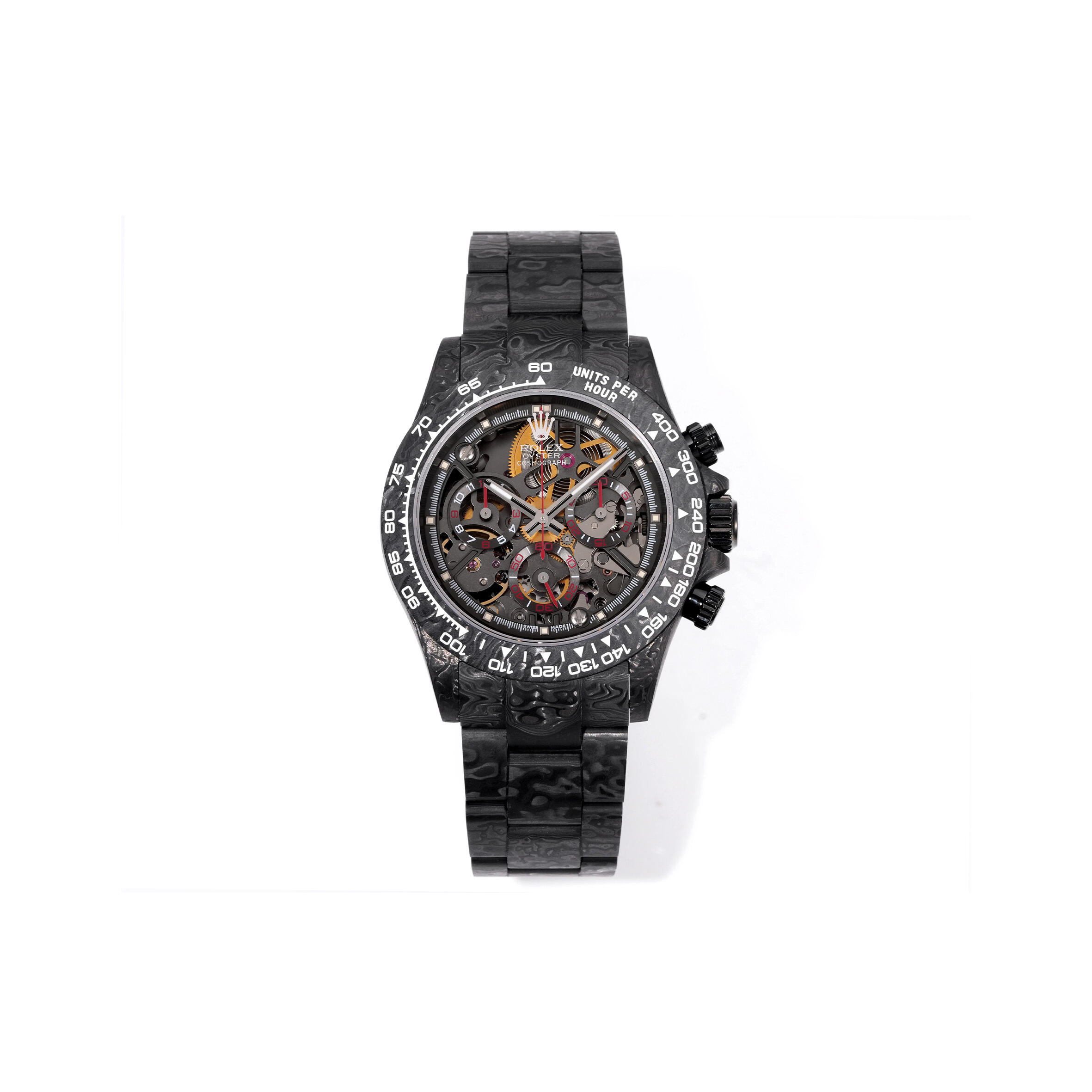 R01ex the cosmograph daytona skeleton watch features a forged carbon fiber case and bracelet m326938-0005